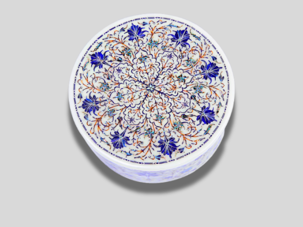 White Marble Round Jewelry Trinket Box Lapis Floral Fine Marquetry Inlay Art, Wedding Gift